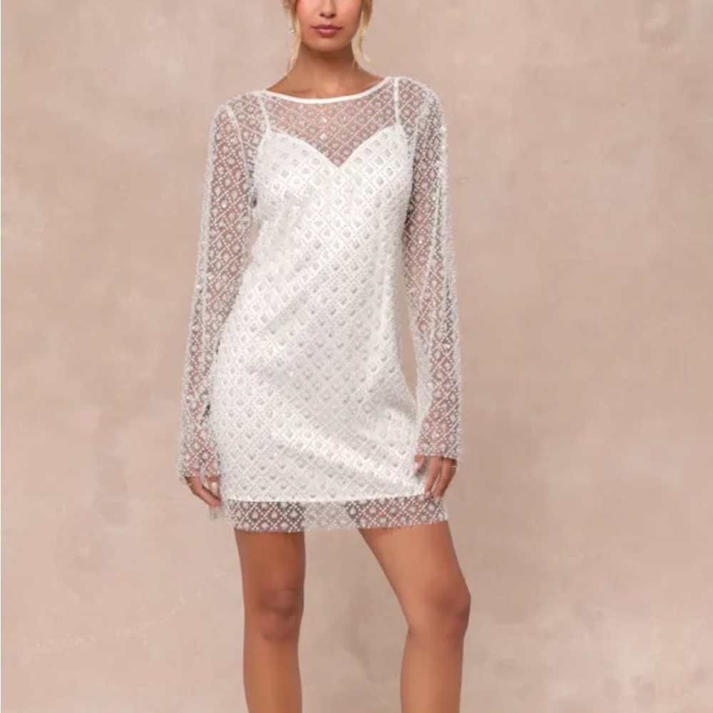 NWT Lulus Bridal Glowing Charisma White Sequin Pearl Mesh Long Sleeve Mini Dress